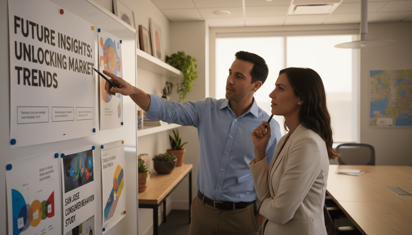 Two professionals reviewing ad mockups on a whiteboard