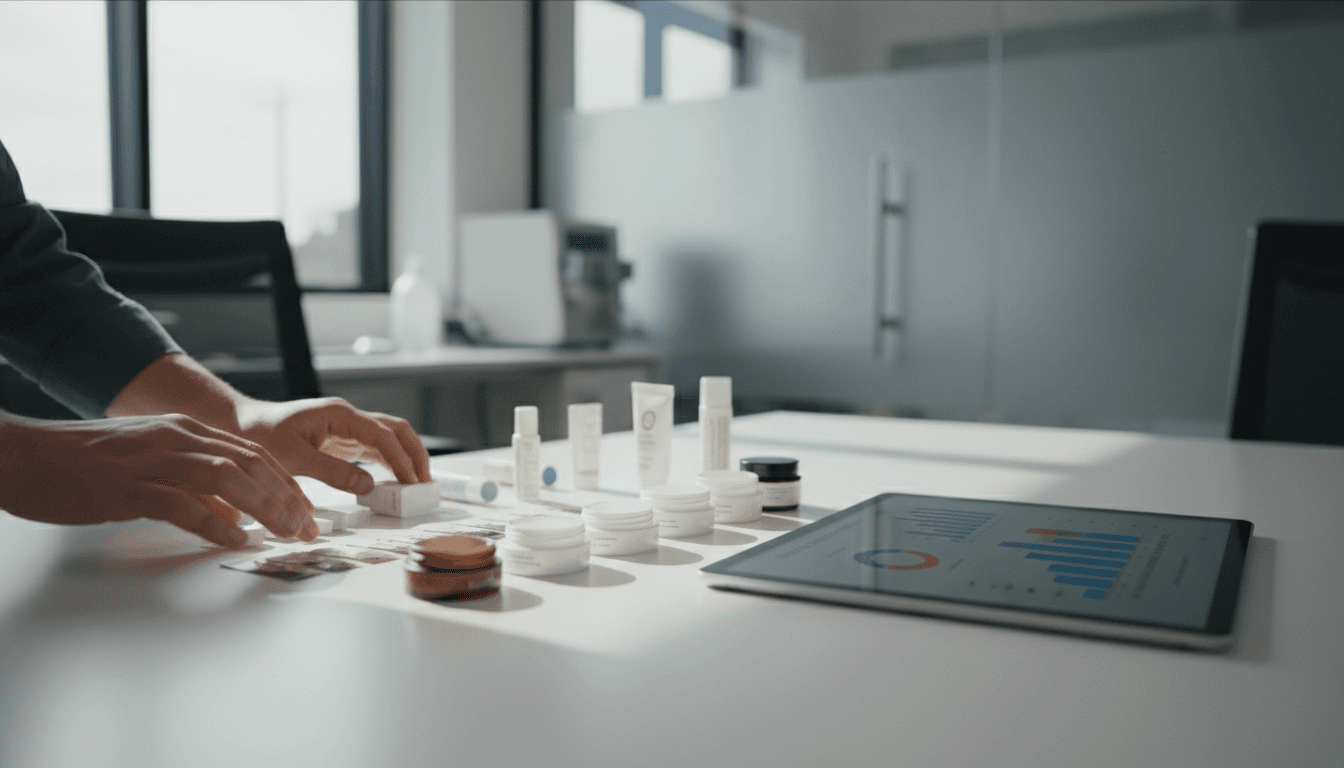 Hands spreading product samples on a table with a tablet showing data charts