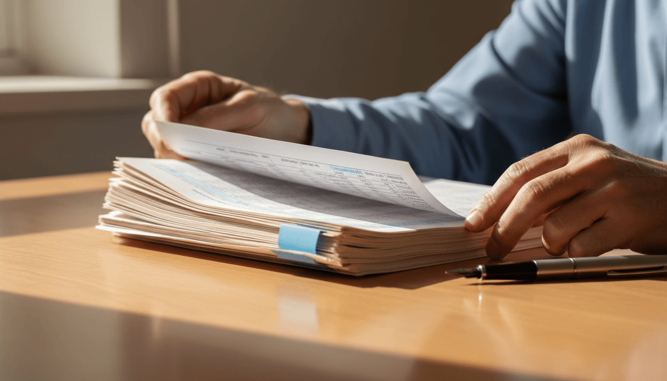 Researcher's hands reviewing printed survey data tables on a desk