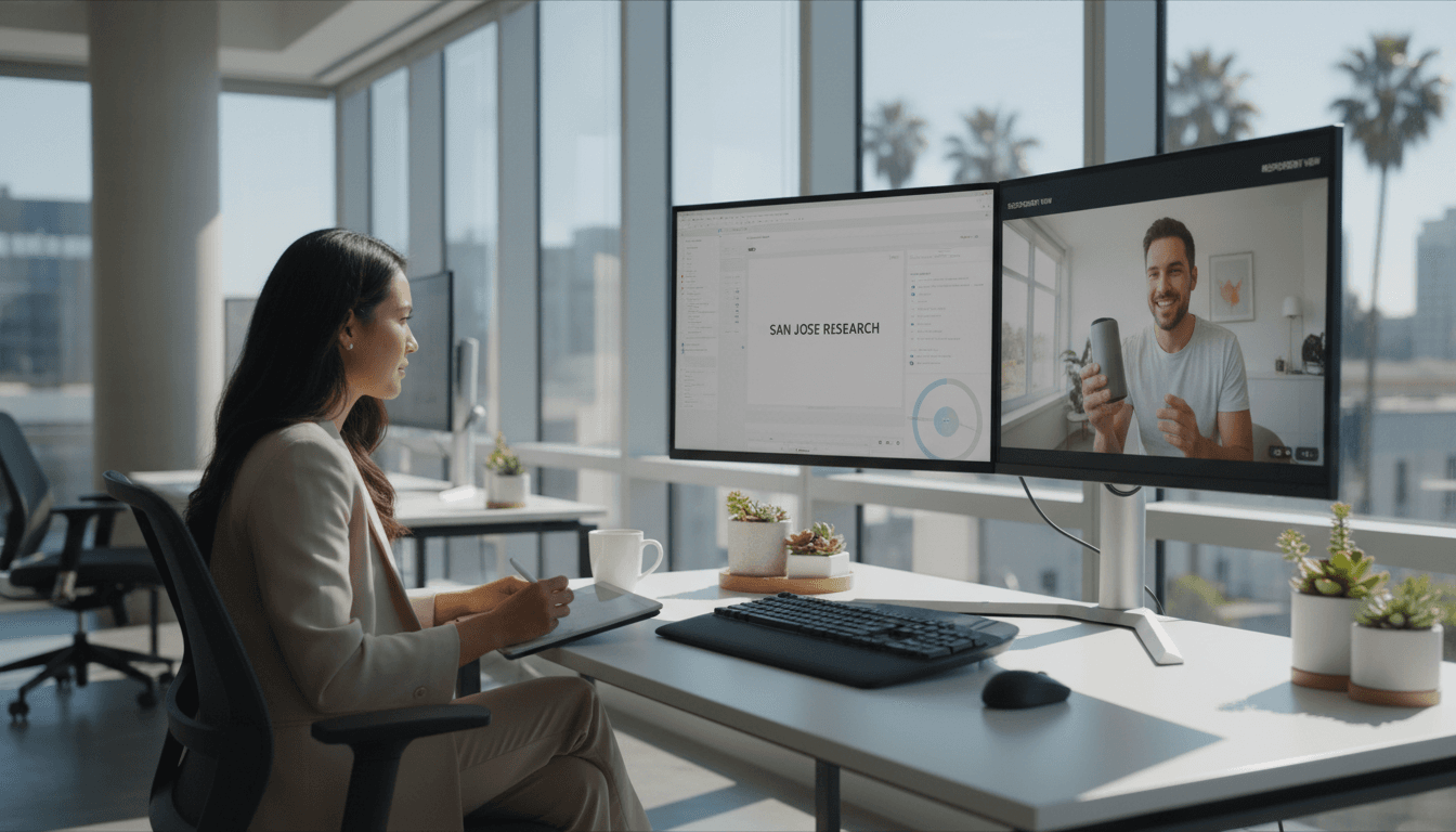 Researcher observing a respondent on a split-screen monitor