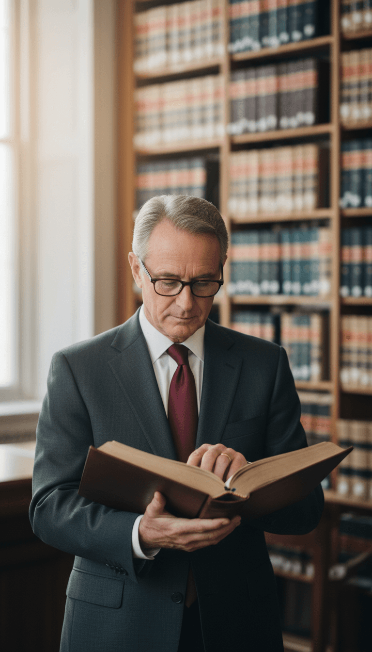 Senior legal researcher reviewing documents